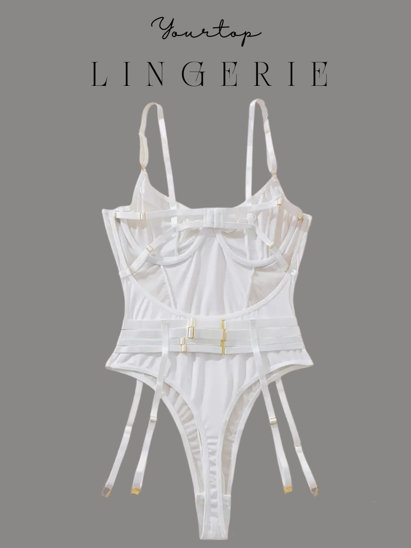 White Garter Bodysuit Back View, Satin Panels and Adjustable Straps Detail.