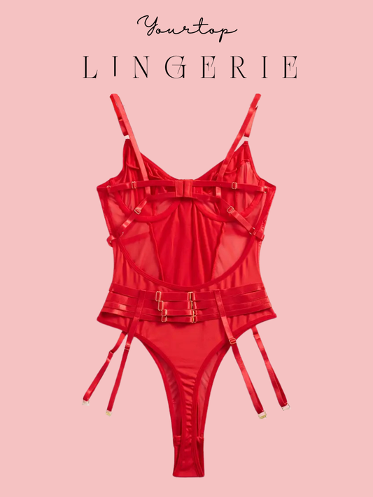 Red Garter Bodysuit Back View, Sheer Mesh Panels and Adjustable Straps.