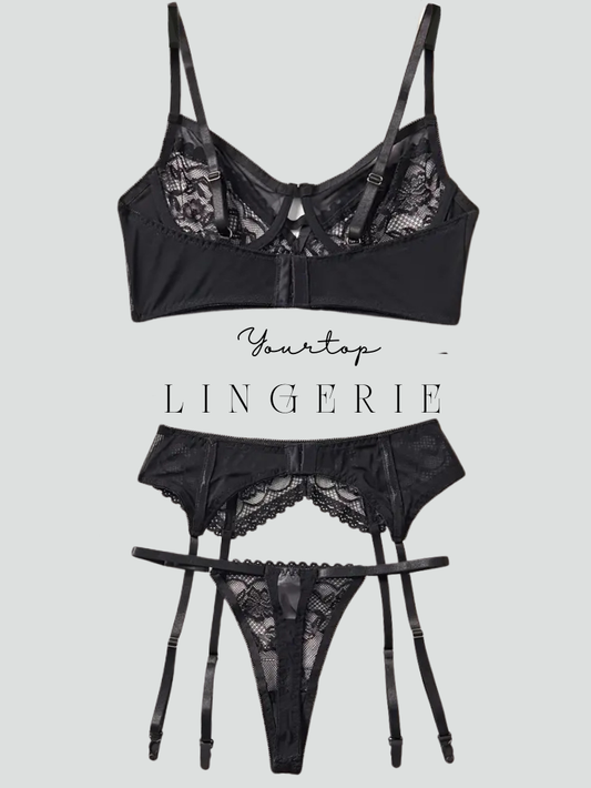 Black Lace Thong Back View, Garter Belt and Strap Details.