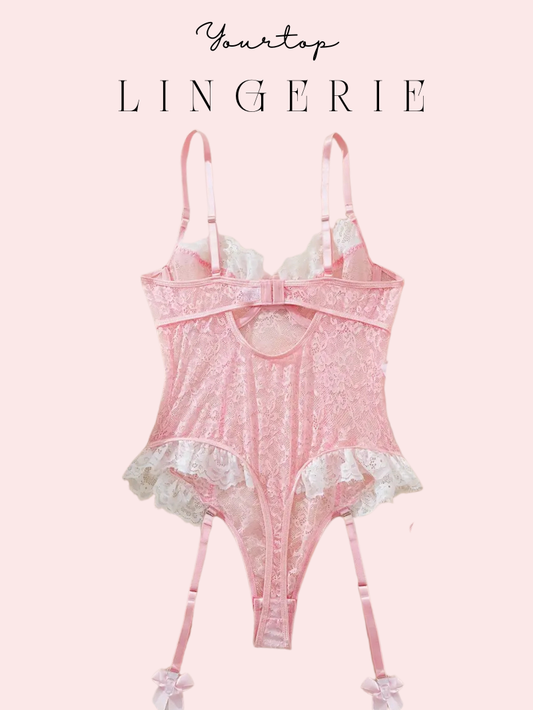 Pink Lace Teddy Bodysuit Back View, Sheer Fabric and Adjustable Straps Detail.