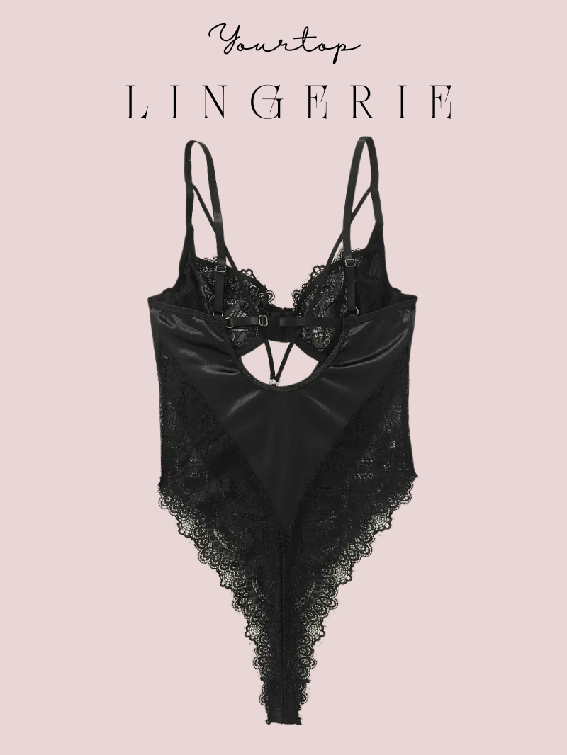 Black Satin Bodysuit Back View, Thin Adjustable Straps and Sheer Lace Detail.