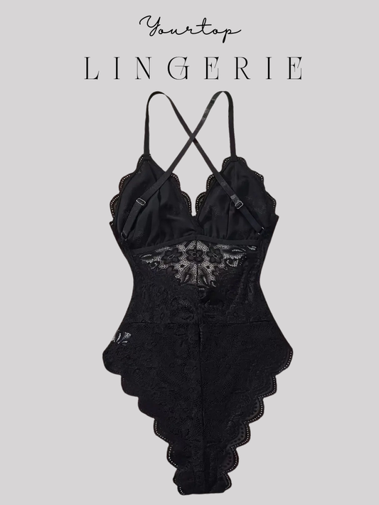 Black Lace Teddy Bodysuit Back View, Criss-Cross Adjustable Straps and Sheer Fabric.