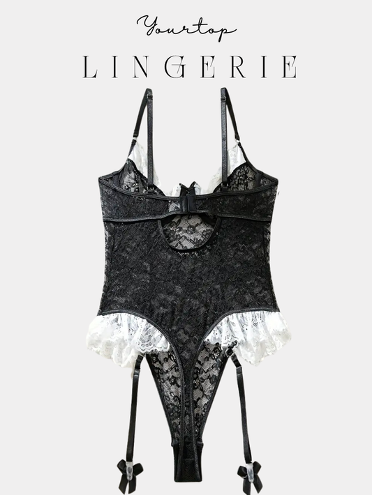 Black Garter Bodysuit Back View, Sheer Lace Fabric and Adjustable Straps.