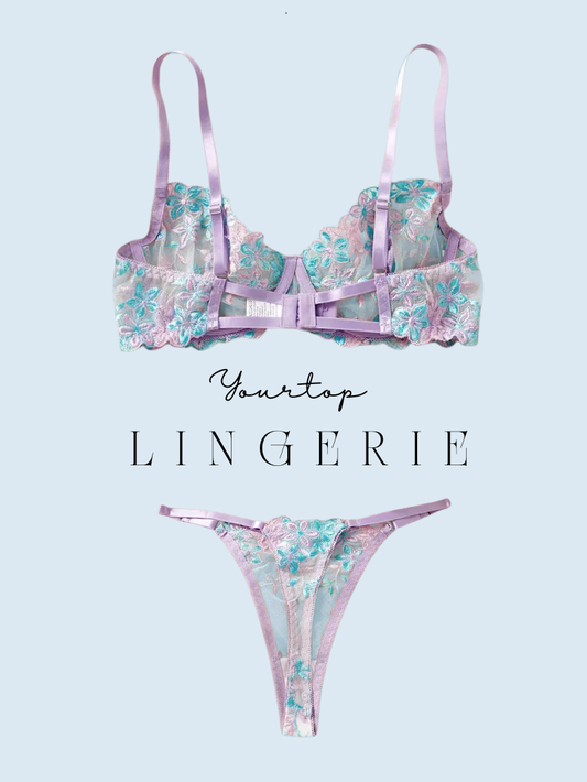 Pastel Floral Thong Back View, Sheer Mesh Fabric and Adjustable Straps Detail.