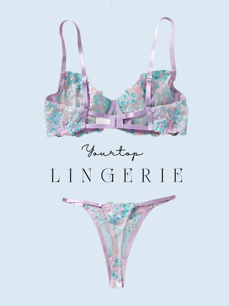 Pastel Floral Thong Back View, Sheer Mesh Fabric and Adjustable Straps Detail.