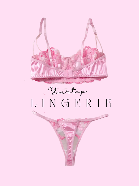 Pink Embroidered Thong and Bra Back View, Adjustable Straps and Satin Band Detail.