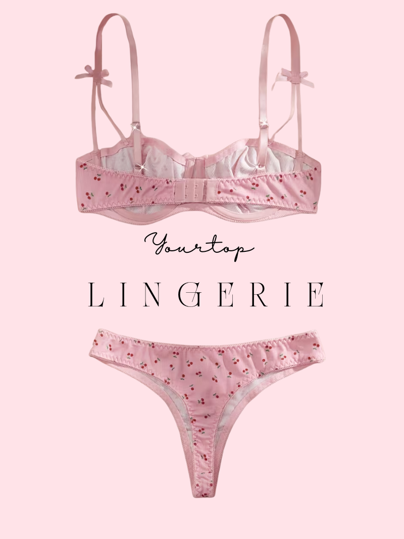 Pink Cherry Print Thong Back View, Thin Straps and Satin Fabric.