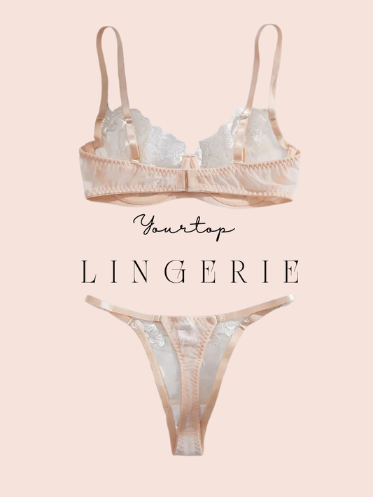 Nude Thong Back View, White Floral Applique and Adjustable Strap Details.