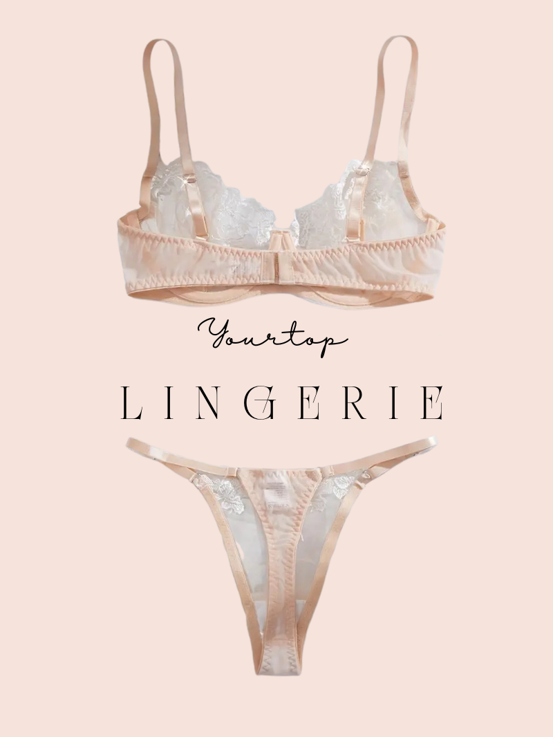 Nude Thong Back View, White Floral Applique and Adjustable Strap Details.