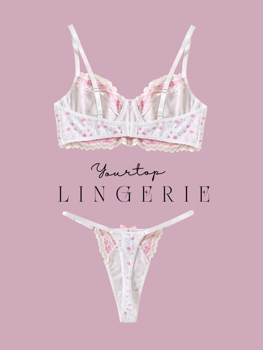 White Cotton Bralette Back View, Adjustable Straps and Heart Print Thong Detail.