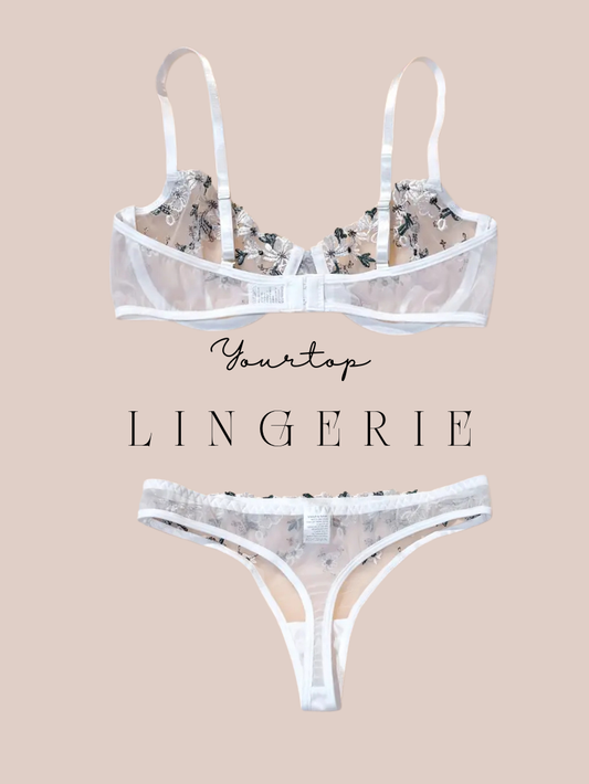 White Thong Back View, Sheer Mesh with Black Embroidery and Satin Straps Detail.