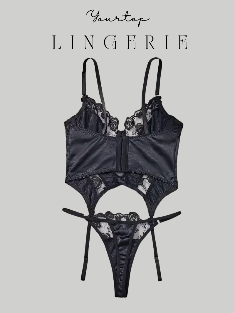 Black Satin Garter Thong Back View with Corset Hook and Eye Closure.