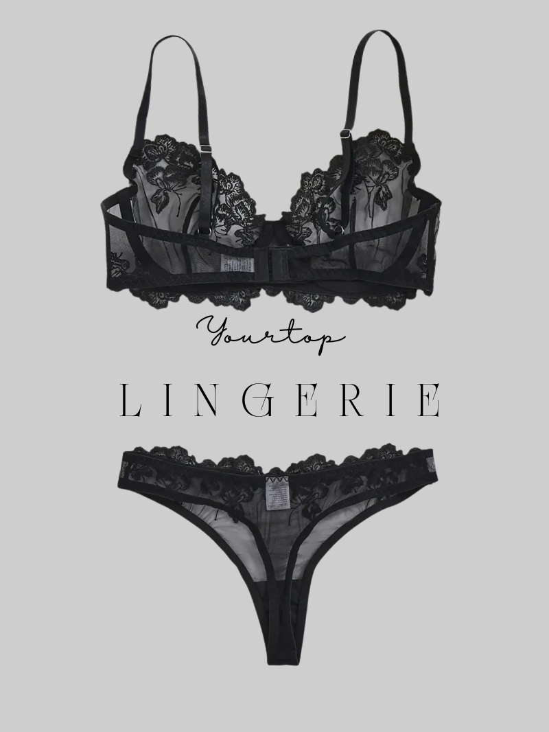 Black Mesh Thong Back View, Floral Lace Trim and Adjustable Straps Detail.