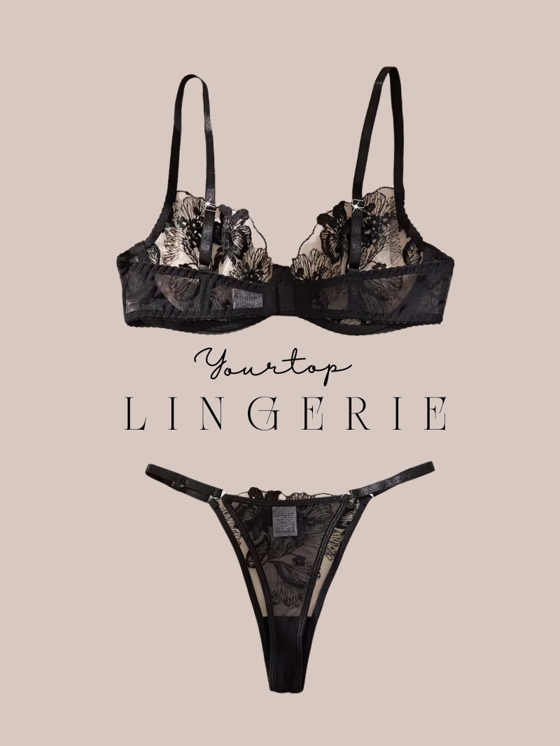 Black and Nude Thong Back View, Sheer Mesh and Floral Embroidery Detail.