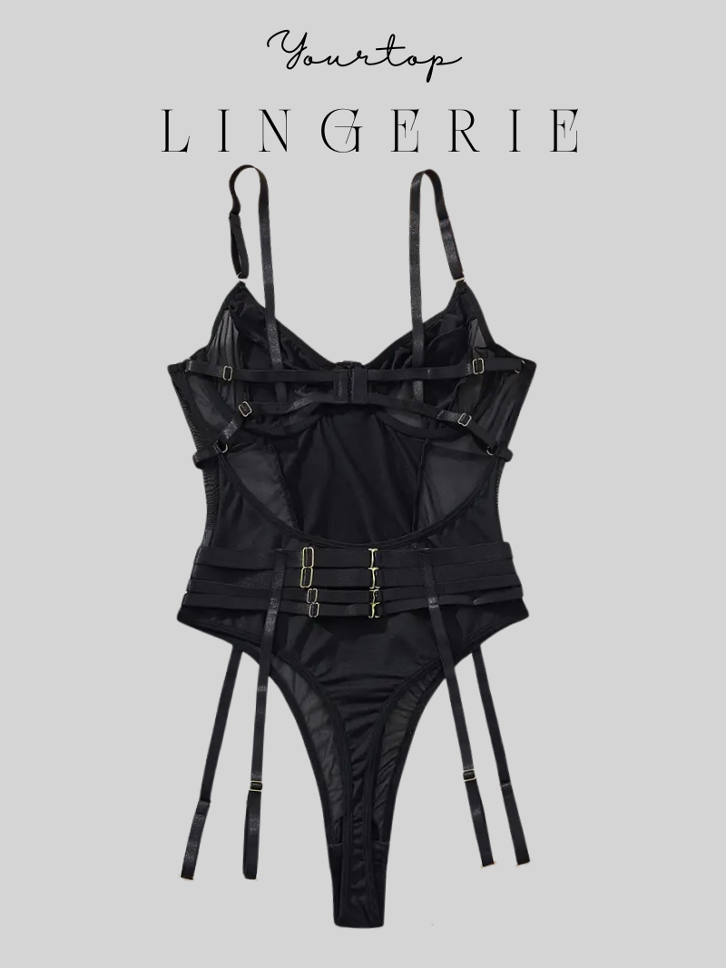 Black Strap Teddy Bodysuit Back View, Adjustable Straps and Sheer Panels.