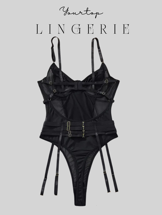 Black Strap Teddy Bodysuit Back View, Adjustable Straps and Sheer Panels.