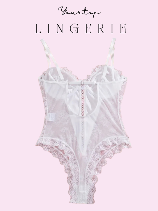 White Lace Teddy Bodysuit Back View, Sheer Fabric and Adjustable Straps.