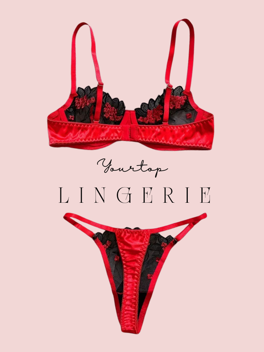 Red Satin Thong Back View, Sheer Black Lace Detail and Adjustable Straps.