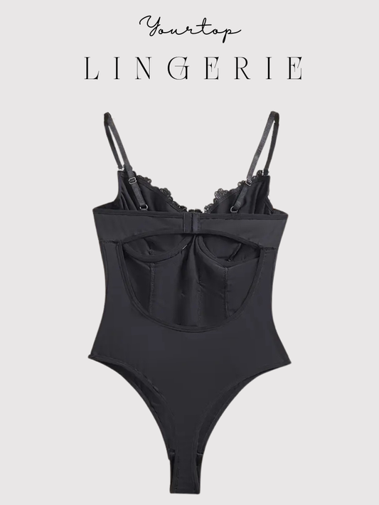 Black Teddy Bodysuit Back View, Sheer Mesh and Adjustable Straps Detail.