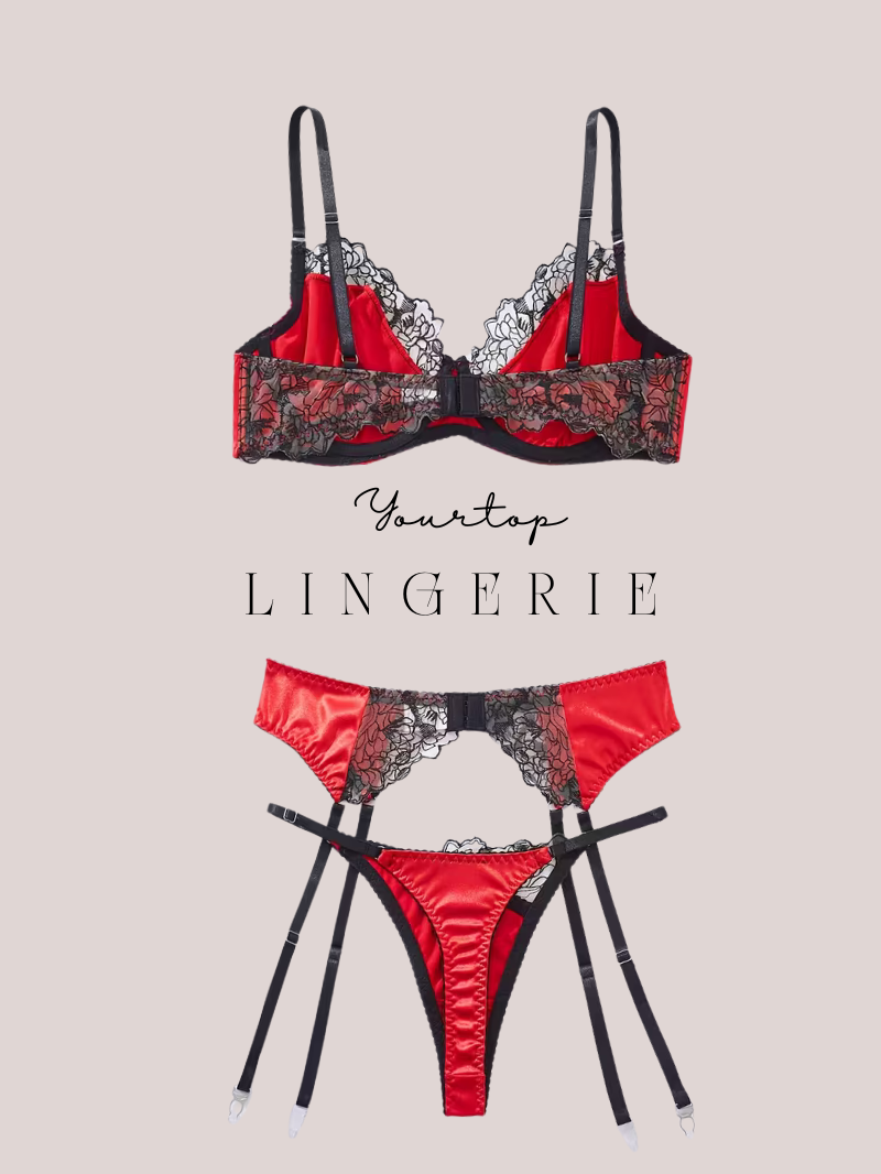 Red Satin Thong Back View, Black Lace Detail and Adjustable Garter Straps.