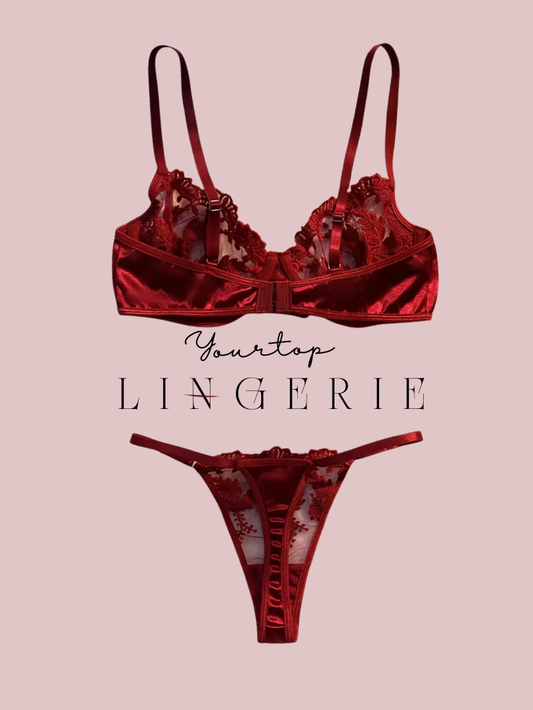 Burgundy Satin Thong Back View with Sheer Mesh Detail, Adjustable Straps and Elegant Design.