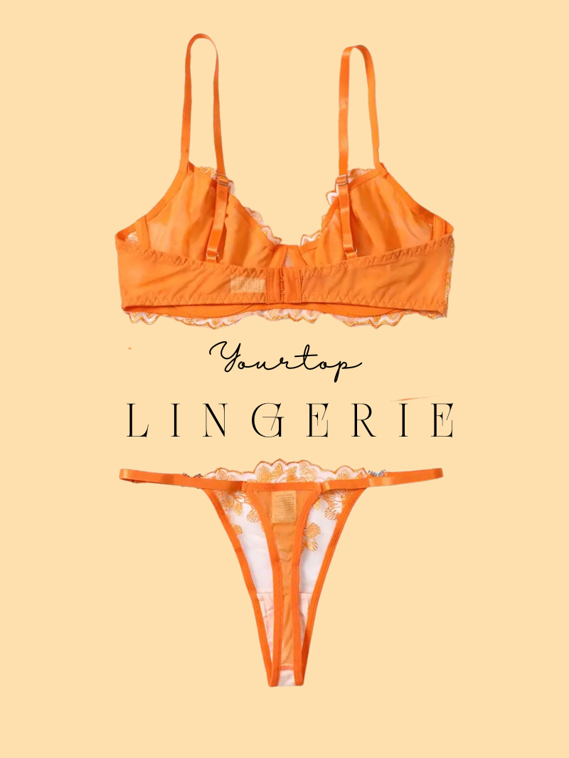 Orange Thong and Bra Back View, Adjustable Straps and Lace G-string Details.