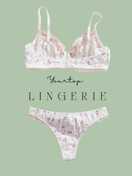 White Thong Back View, Pink Rose Print Pattern and Scallop Lace Edge Detail.