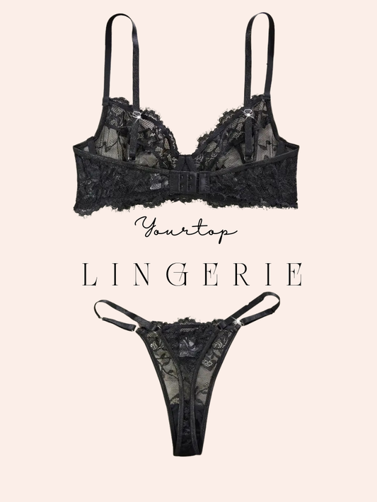 Black Lace Thong Back View, Sheer Mesh and Adjustable Straps Detail.