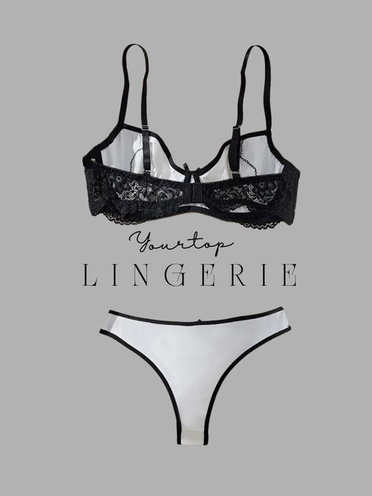 White Satin Thong Back View with Black Lace Detail on Edges, Adjustable Straps and Elegant Design.