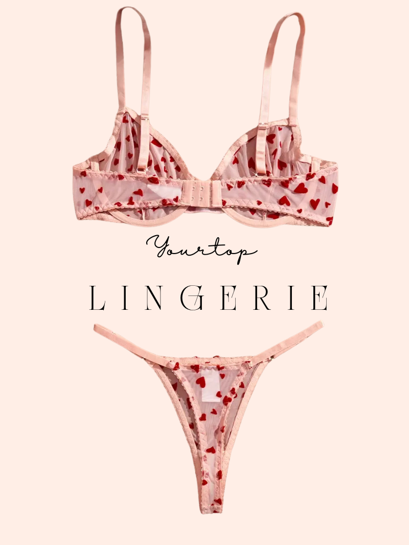 Pink Thong Back View with Red Heart Print Pattern and Ribbon Bow Detail.