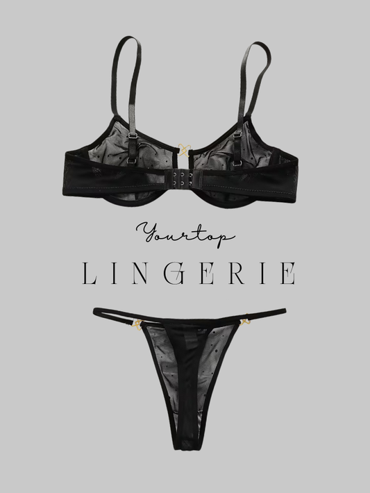 Black Glitter Mesh Thong Back View, Star Pattern and Ribbon Detail.