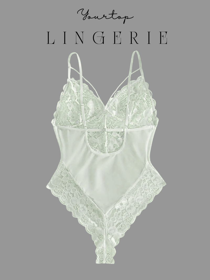 White Lace Bodysuit Back View, Criss-Cross Adjustable Straps and Sheer Fabric.