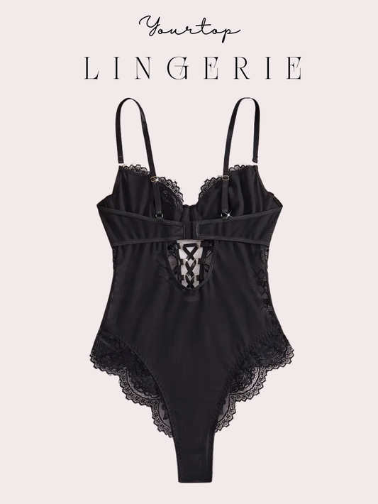 Black Lace Teddy Back View, Adjustable Straps and Sheer Mesh Fabric.