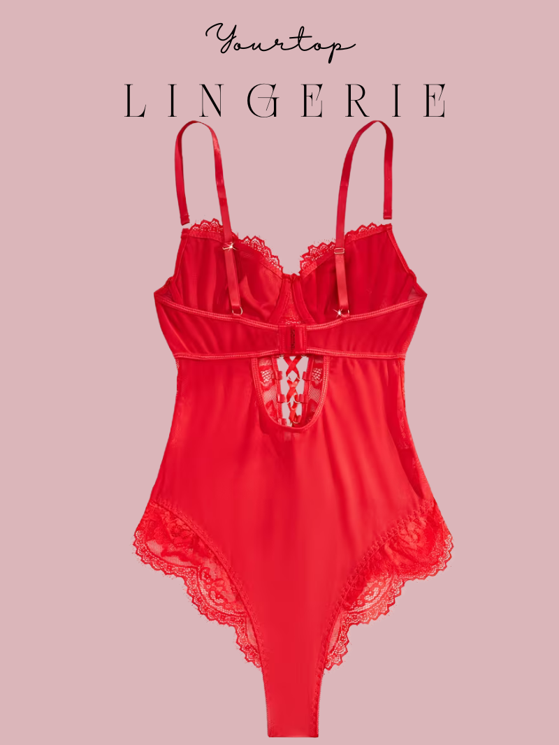 Red Lace Teddy Back View, Adjustable Straps and Sheer Fabric.