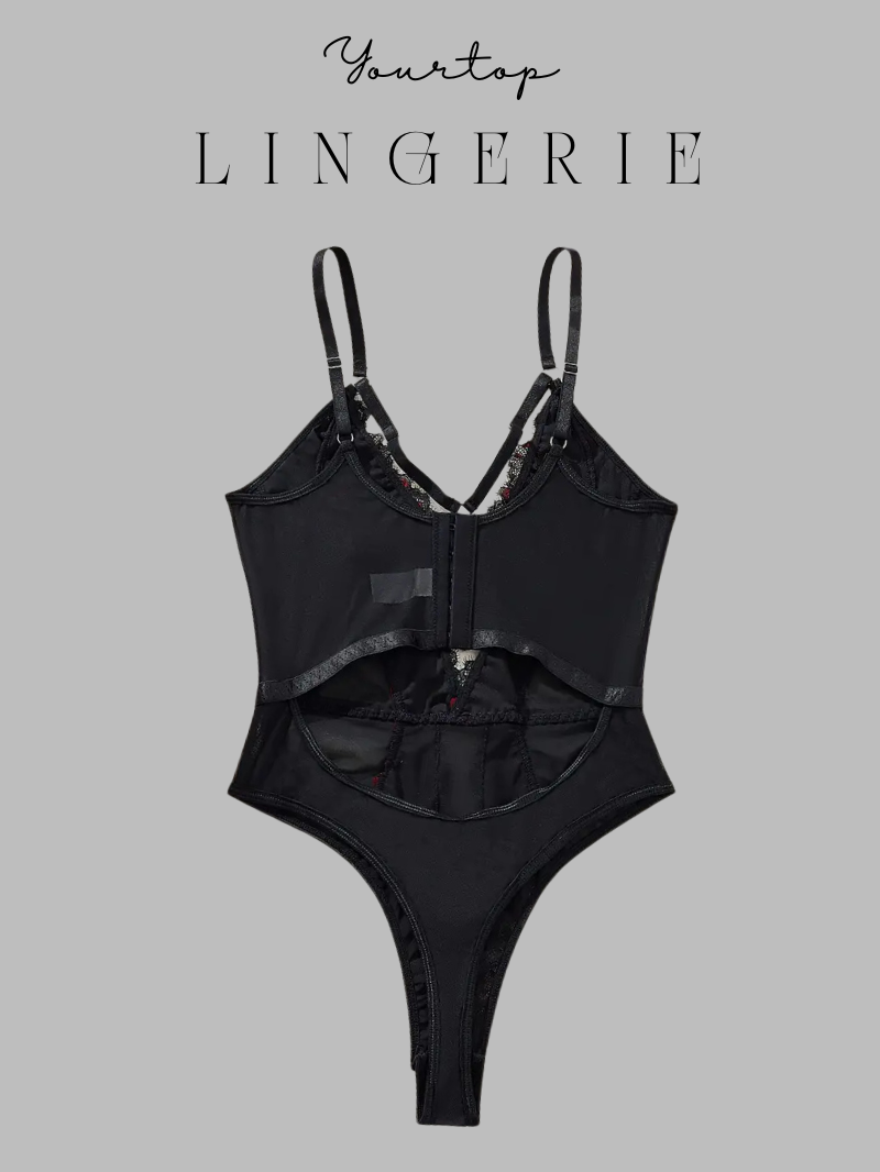 Black Bodysuit Back View, Sheer Mesh Panels and Adjustable Straps.