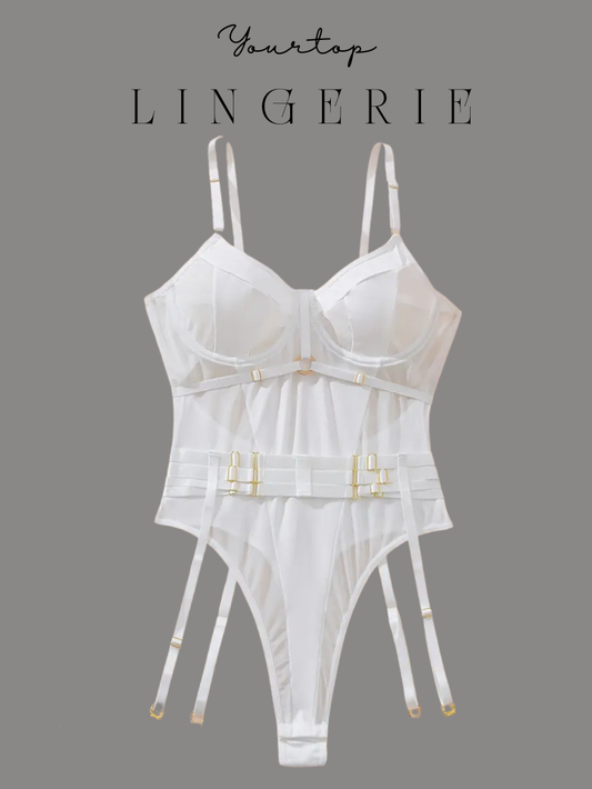 White Corset Bodysuit 'Afina' with Boning, Gold Hardware and Attached Garter Straps, Front View.