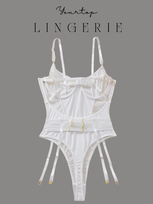 White Garter Bodysuit Back View, Satin Panels and Adjustable Straps Detail.