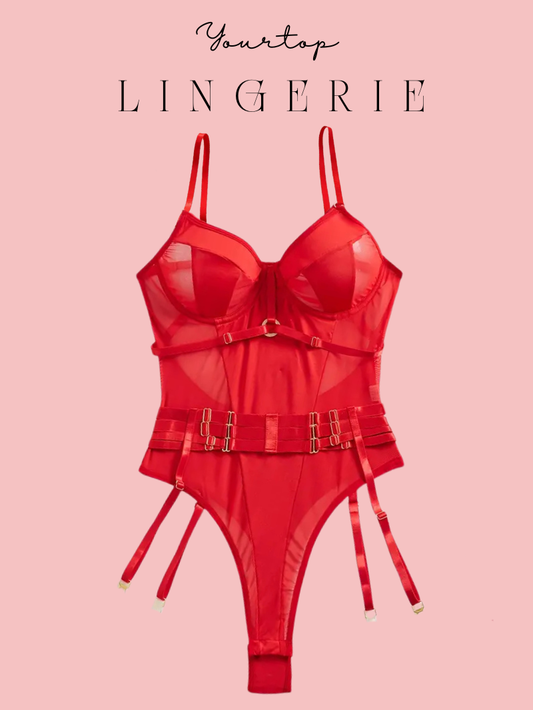 Red Harness Bodysuit 'Afrodita' with Waist Straps, Gold Hardware and Attached Garters, Front View.