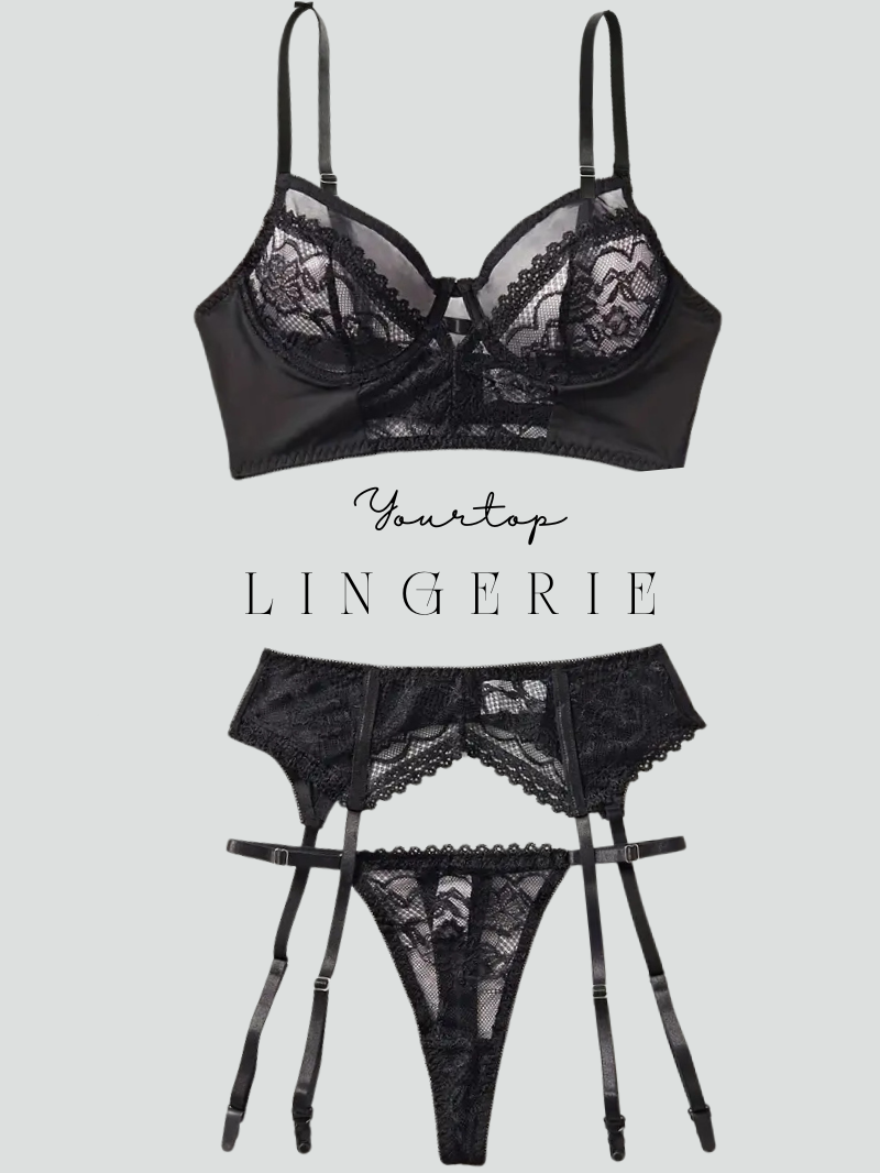 Black Lace and Satin Lingerie Set, 3-Piece with Bra, Thong, and Garter Belt.