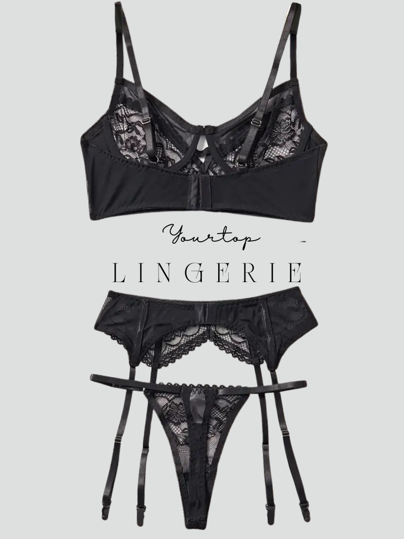 Black Lace Thong Back View, Garter Belt and Strap Details.