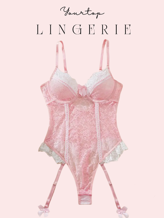 Pink Lace Bodysuit 'Barbiecore' with White Trim and Attached Garter Straps, Front View.