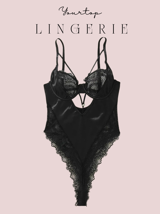 Black Satin and Lace Bodysuit 'Barcelona' with Front Cutout Detail and Underwire Cups, Front View.