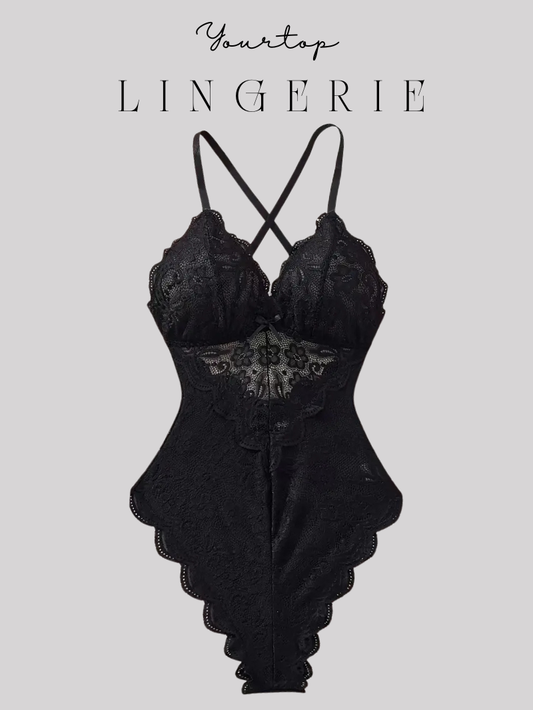 Black Lace Bodysuit 'Black Pearl' with Scallop Edges, Deep V-Neck, Front View.