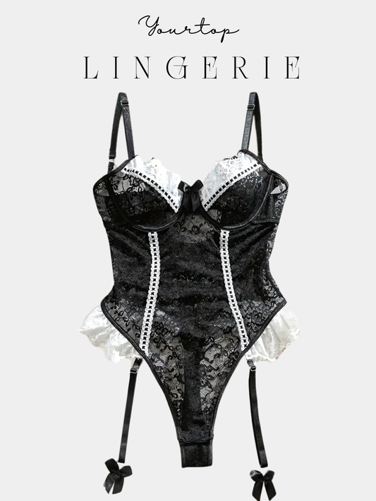 Black Lace Bodysuit 'Black Venice' with White Contrast Trim, Ruffles, and Attached Garters, Front View.