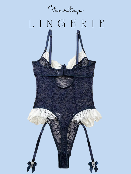 Navy Blue Garter Bodysuit Back View, Sheer Lace Fabric and Adjustable Straps Detail.