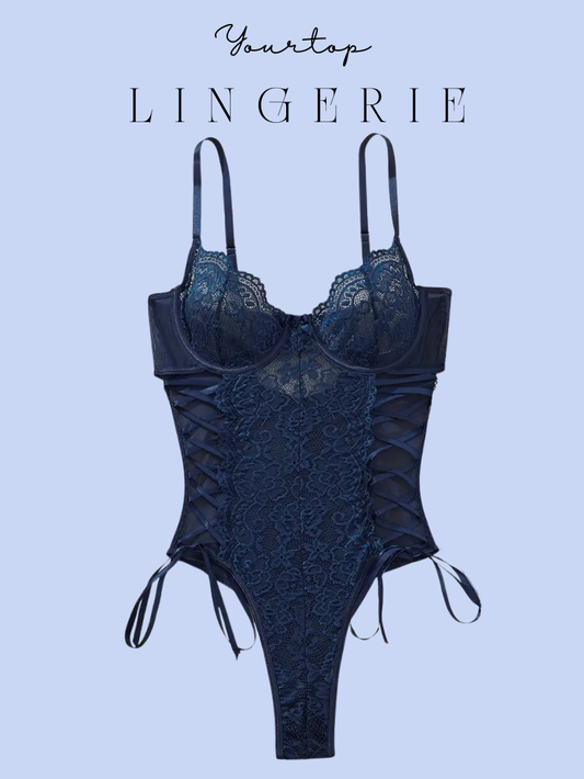 Navy Blue Lace Bodysuit 'Bluerose' with Side Corset Lacing and Underwire Cups, Front View.