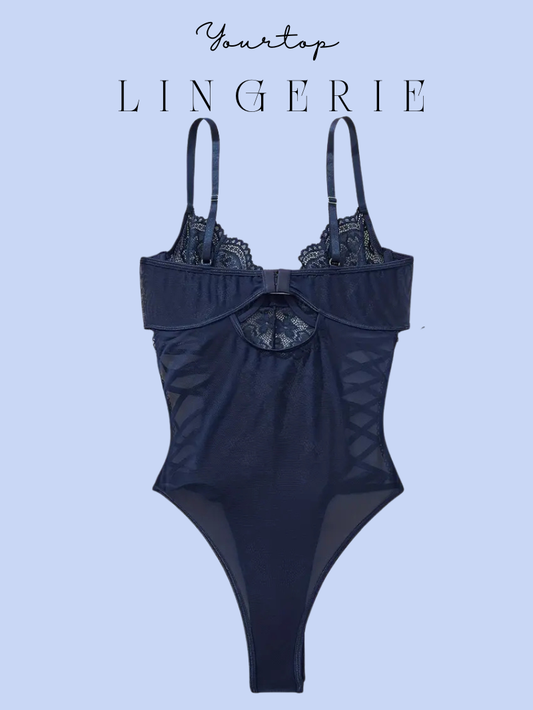 Navy Blue Teddy Bodysuit Back View, Sheer Lace Fabric and Adjustable Straps.