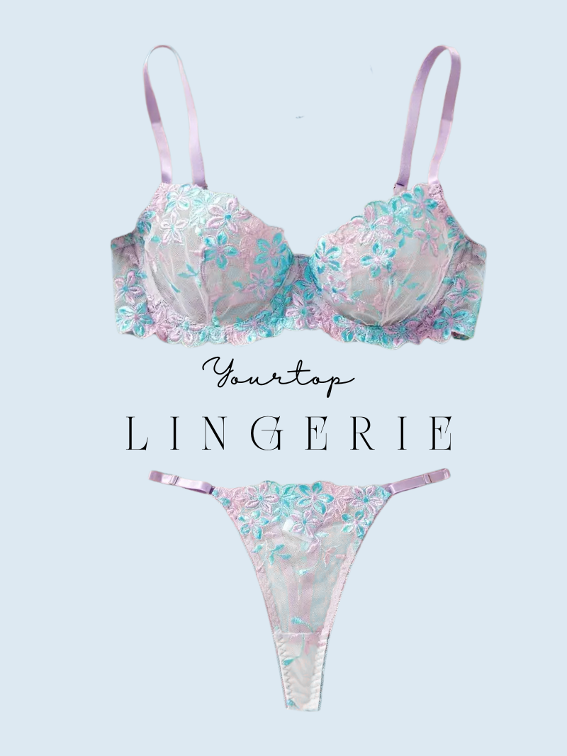 Pastel Pink and Mint Floral Embroidered Lingerie Set, Underwire Bra and Thong Front View.