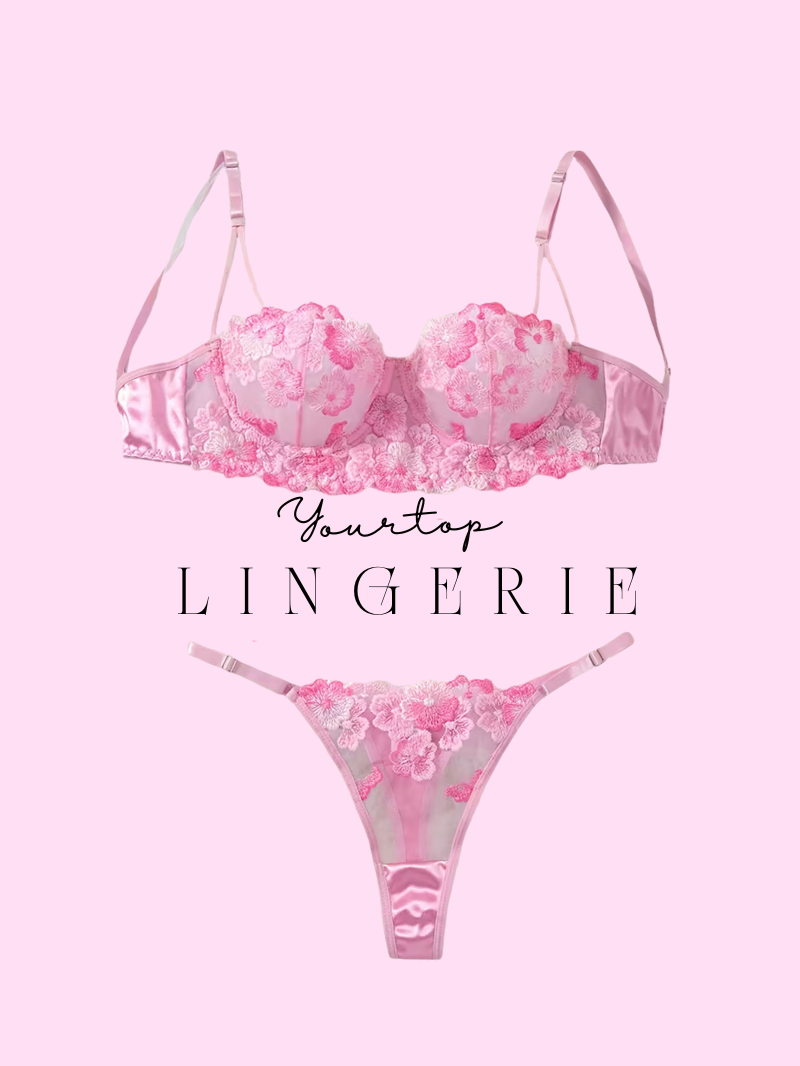 Pink Satin Lingerie Set with Cherry Blossom Embroidery, Push-Up Bra and Thong Front View.