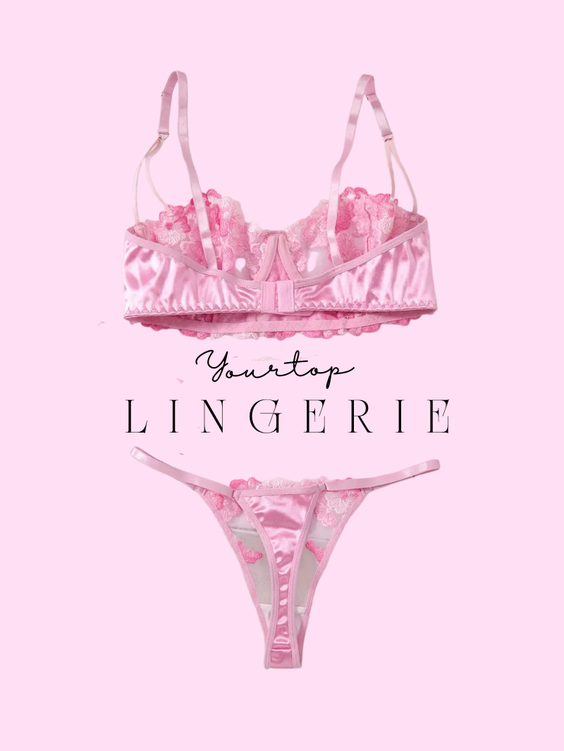 Pink Embroidered Thong and Bra Back View, Adjustable Straps and Satin Band Detail.